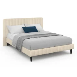 IDMarket Lit double ANNIE avec tête de lit et sommier 140 x 190 cm velours beige