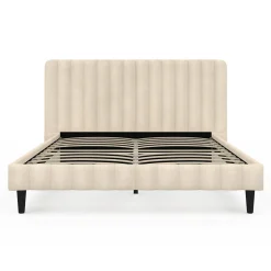 IDMarket Lit double ANNIE avec tête de lit et sommier 140 x 190 cm velours beige