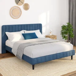 IDMarket Lit double ANNIE avec tête de lit et sommier 140 x 190 cm velours bleu