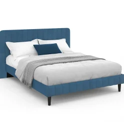 IDMarket Lit double ANNIE avec tête de lit et sommier 140 x 190 cm velours bleu