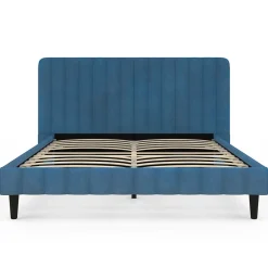 IDMarket Lit double ANNIE avec tête de lit et sommier 140 x 190 cm velours bleu
