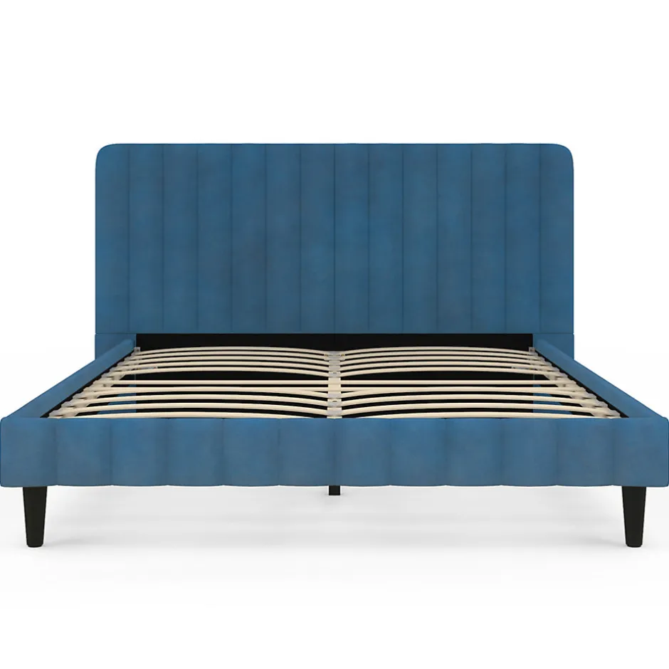 IDMarket Lit double ANNIE avec tête de lit et sommier 140 x 190 cm velours bleu