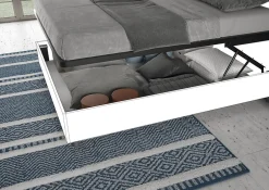 Ityhome Lit double avec rangement, double relevable, 160x200 cm, bois de frêne blanc, coussins simili cuir gris tourterelle, Egos Antea