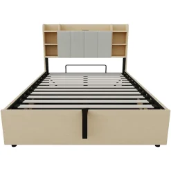 Redom Lit double bois 140 par 200 cm avec tete de lit rangement prise USB et Type C systeme hydraulique sans matelas