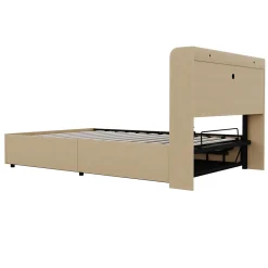 Redom Lit double bois 140 par 200 cm avec tete de lit rangement prise USB et Type C systeme hydraulique sans matelas
