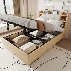 Redom Lit double bois 140 par 200 cm avec tete de lit rangement prise USB et Type C systeme hydraulique sans matelas