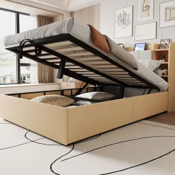 Redom Lit double bois 140 par 200 cm avec tete de lit rangement prise USB et Type C systeme hydraulique sans matelas