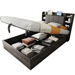 Redom Lit double bois gris 140 par 200 cm avec tete de lit rangement prise USB et Type C systeme hydraulique sans matelas