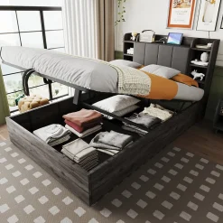 Redom Lit double bois gris 140 par 200 cm avec tete de lit rangement prise USB et Type C systeme hydraulique sans matelas