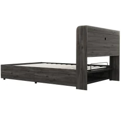 Redom Lit double bois gris 140 par 200 cm avec tete de lit rangement prise USB et Type C systeme hydraulique sans matelas