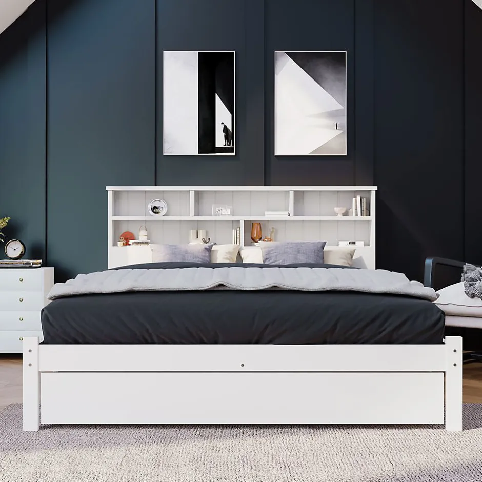 Blackcolors Lit Double Bois 140X200Cm Tiroirs Blanc Outlet