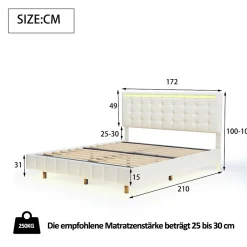 Simple Life Lit Double Capitonné 160 X 200 Cm, Cadre De Lit Flottant, Rembourré, Avec LED, Lin, Beige Outlet