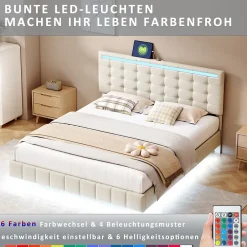 Simple Life Lit Double Capitonné 160 X 200 Cm, Cadre De Lit Flottant, Rembourré, Avec LED, Lin, Beige Outlet
