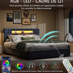 Fortuna lai Lit Double Capitonné 160 X 200 Cm Avec Tête De Lit LED, Rangement, Sommier à Lattes En Bois, Gris Outlet