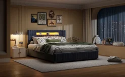 Fortuna lai Lit Double Capitonné 160 X 200 Cm Avec Tête De Lit LED, Rangement, Sommier à Lattes En Bois, Gris Outlet