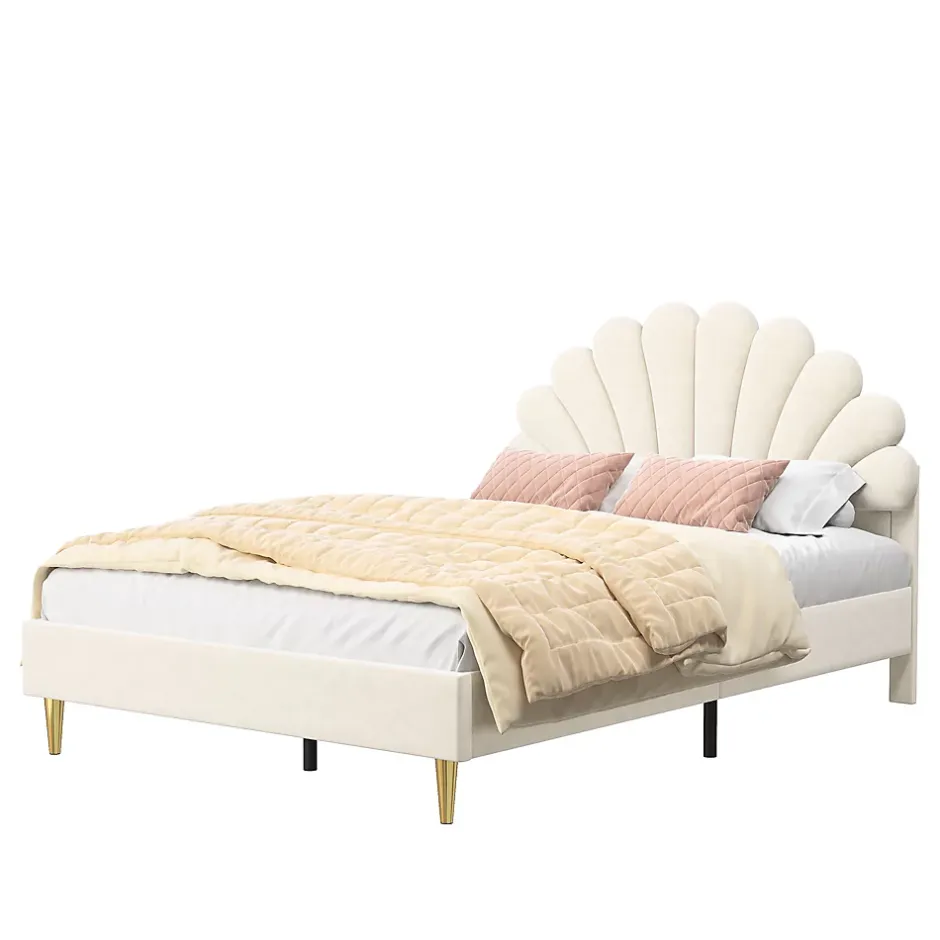 Simple Life Lit Double Capitonné 140 X 200 Cm Avec Sommier à Lattes, Velours, Beige Online