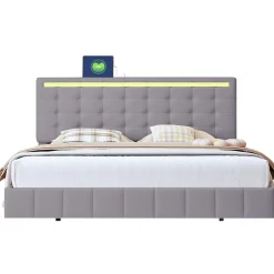 Fortuna lai Lit double capitonné 160 x 200 cm, cadre de lit flottant, rembourré, avec LED, lin, gris