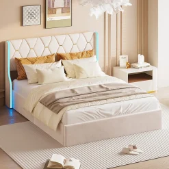 Fortuna lai Lit double capitonné 140 x 190 cm, avec tête de lit et éclairage LED, espace de rangement, beige