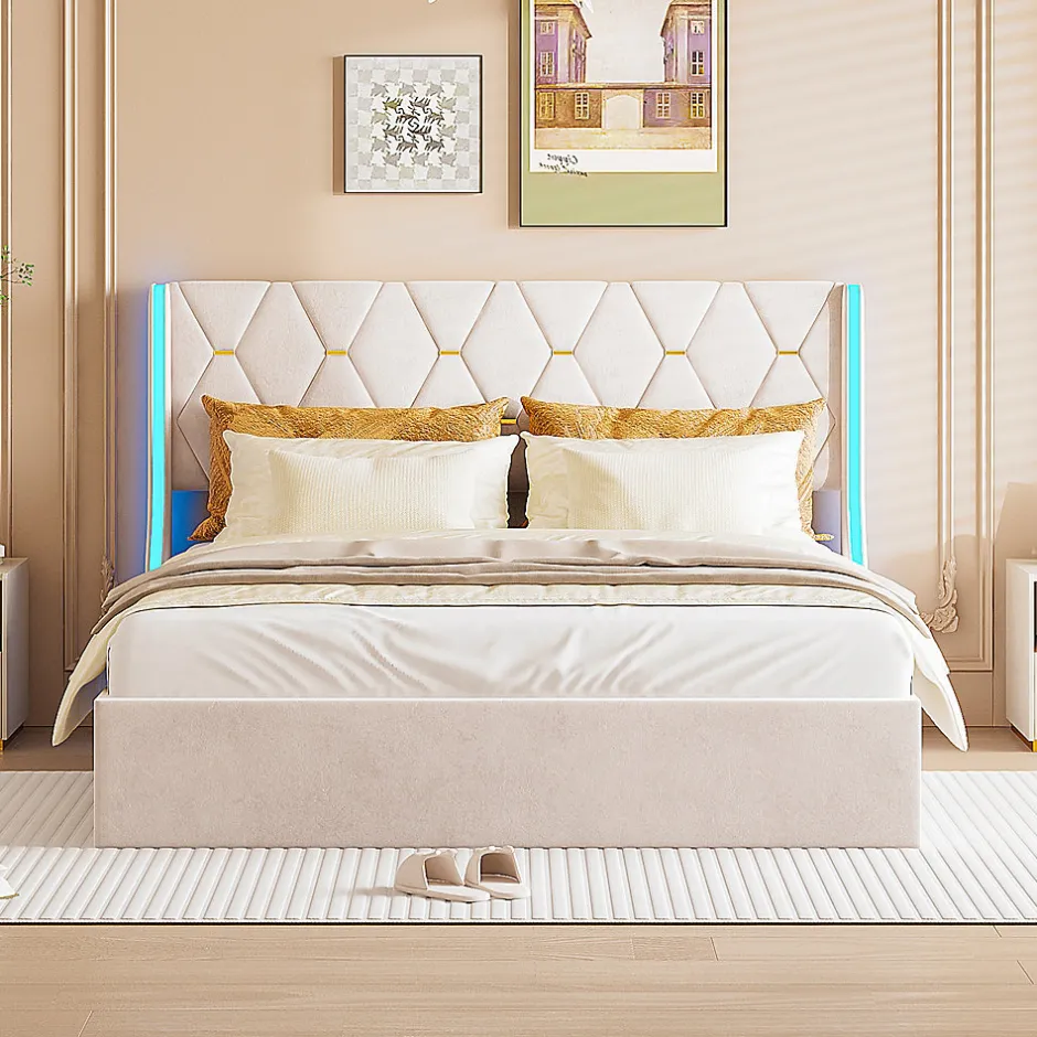 Fortuna lai Lit double capitonné 140 x 190 cm, avec tête de lit et éclairage LED, espace de rangement, beige