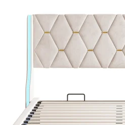 Fortuna lai Lit double capitonné 140 x 190 cm, avec tête de lit et éclairage LED, espace de rangement, beige