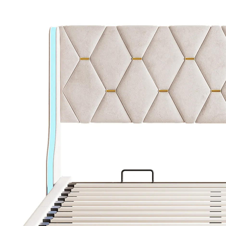 Fortuna lai Lit double capitonné 140 x 190 cm, avec tête de lit et éclairage LED, espace de rangement, beige