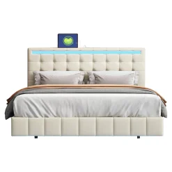 Fortuna lai Lit double capitonné 140 x 200 cm, cadre de lit flottant, rembourré, avec LED, lin, beige