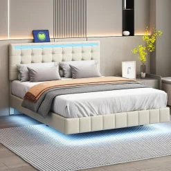 Fortuna lai Lit double capitonné 140 x 200 cm, cadre de lit flottant, rembourré, avec LED, lin, beige