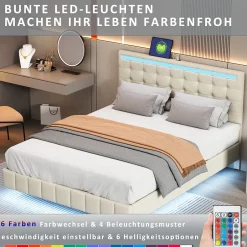 Fortuna lai Lit double capitonné 140 x 200 cm, cadre de lit flottant, rembourré, avec LED, lin, beige