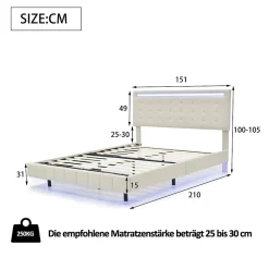 Fortuna lai Lit double capitonné 140 x 200 cm, cadre de lit flottant, rembourré, avec LED, lin, beige