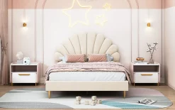 Fortuna lai Lit double capitonné 140 x 200 cm avec sommier à lattes, velours, Beige