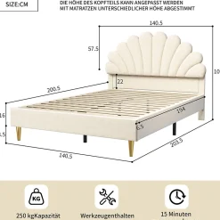 Fortuna lai Lit double capitonné 140 x 200 cm avec sommier à lattes, velours, Beige