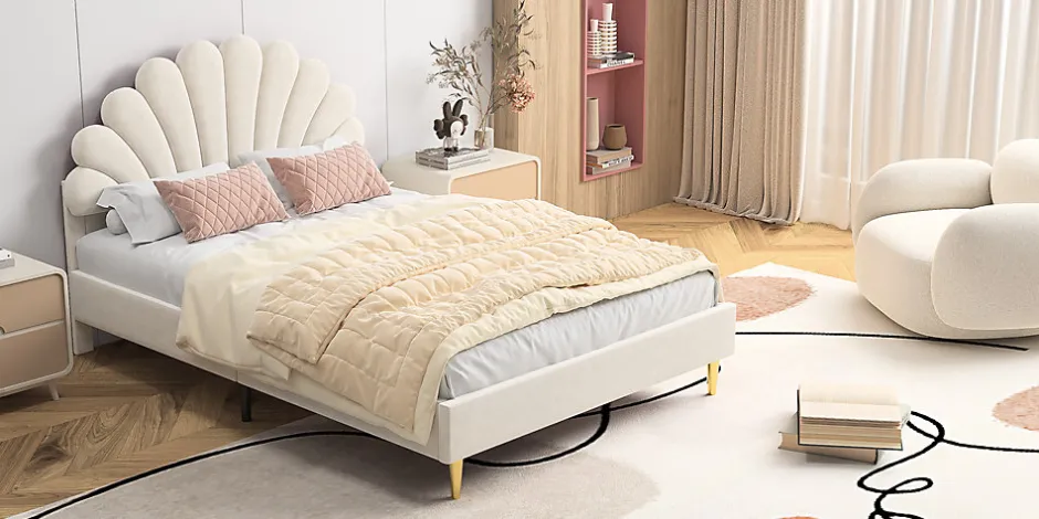 Fortuna lai Lit double capitonné 140 x 200 cm avec sommier à lattes, velours, Beige