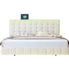 Fortuna lai Lit double capitonné 160 x 200 cm, cadre de lit flottant, rembourré, avec LED, lin, beige