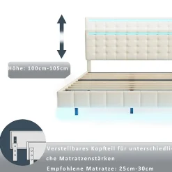 Fortuna lai Lit double capitonné 160 x 200 cm, cadre de lit flottant, rembourré, avec LED, lin, beige