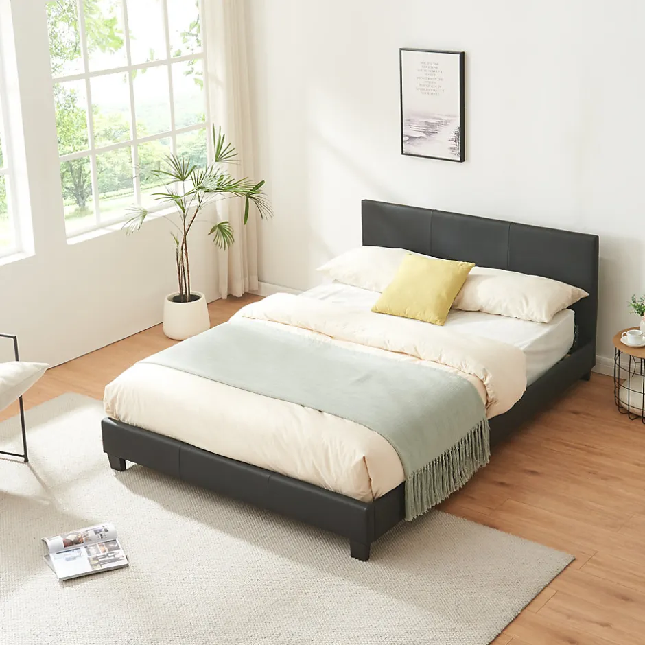 Corium Lit double capitonné 140 x 200cm cuir synthétique avec sommier à lattes noir