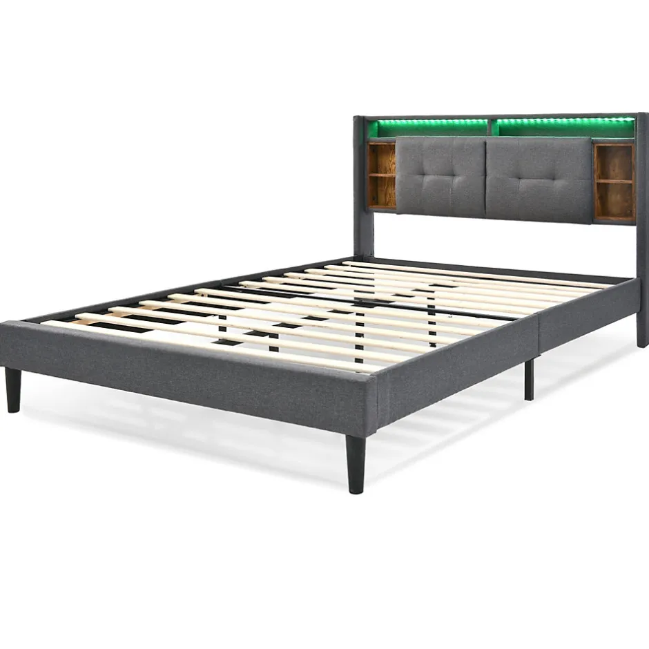 Urban Meuble Lit double capitonné gris avec tête de lit rangement éclairage LED