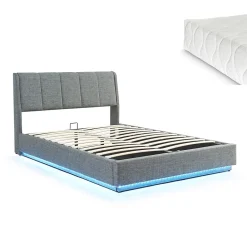 [En.Casa] Lit double capitonné Tröstiar avec éclairage LED et matelas 140 x 200 cm anthracite en.casa Clearance