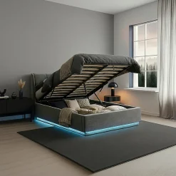 [En.Casa] Lit double capitonné Tröstiar avec éclairage LED et matelas 140 x 200 cm anthracite en.casa Clearance