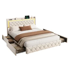 Fortuna lai Lit Double Capitonné, 140x190 Cm, Avec 4 Tiroirs, Éclairage LED Et Ports De Chargement, Beige