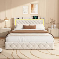 Fortuna lai Lit Double Capitonné, 140x190 Cm, Avec 4 Tiroirs, Éclairage LED Et Ports De Chargement, Beige