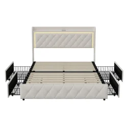 Fortuna lai Lit Double Capitonné, 140x190 Cm, Avec 4 Tiroirs, Éclairage LED Et Ports De Chargement, Beige
