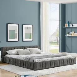 Okwish Lit Double Capitonné 160x200 cm, Tête de Lit, Structure Bois d'Eucalyptus Métal, Chenille Doux, Gris Foncé, Sans Matelas