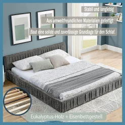 Okwish Lit Double Capitonné 160x200 cm, Tête de Lit, Structure Bois d'Eucalyptus Métal, Chenille Doux, Gris Foncé, Sans Matelas
