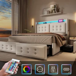 Okwish Lit double capitonné 140x200 cm avec 4 Tiroirs de Rangement, Éclairage LED et Ports USB-C, Bois et Métal, Beige, Matelas Inclus