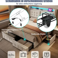 Okwish Lit double capitonné 140x200 cm avec 4 Tiroirs de Rangement, Éclairage LED et Ports USB-C, Bois et Métal, Beige, Matelas Inclus
