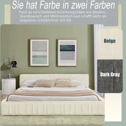 Okwish Lit Double Capitonné 140x200 cm, Tête de Lit, Structure Bois d'Eucalyptus Métal, Chenille Doux, Beige, Sans Matelas