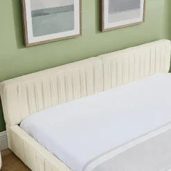 Okwish Lit Double Capitonné 140x200 cm, Tête de Lit, Structure Bois d'Eucalyptus Métal, Chenille Doux, Beige, Sans Matelas