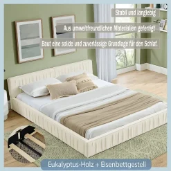 Okwish Lit Double Capitonné 140x200 cm, Tête de Lit, Structure Bois d'Eucalyptus Métal, Chenille Doux, Beige, Sans Matelas