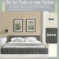 Okwish Lit Double Capitonné 140x200 cm, Tête de Lit, Structure Bois d'Eucalyptus Métal, Chenille Doux, Gris Foncé, Sans Matelas Outlet