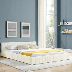 Okwish Lit Double Capitonné 160x200 cm, Tête de Lit, Structure Bois d'Eucalyptus Métal, Chenille Doux, Beige, Sans Matelas